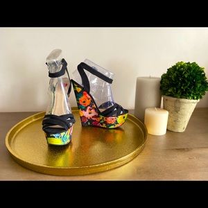 Floral Ankle Strap Wedge Sandal